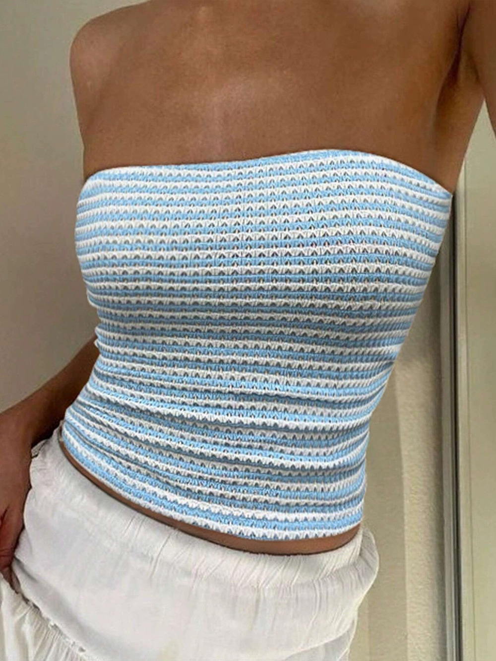 ZARA Sexy Blue White Striped Tight Tube Crop Top